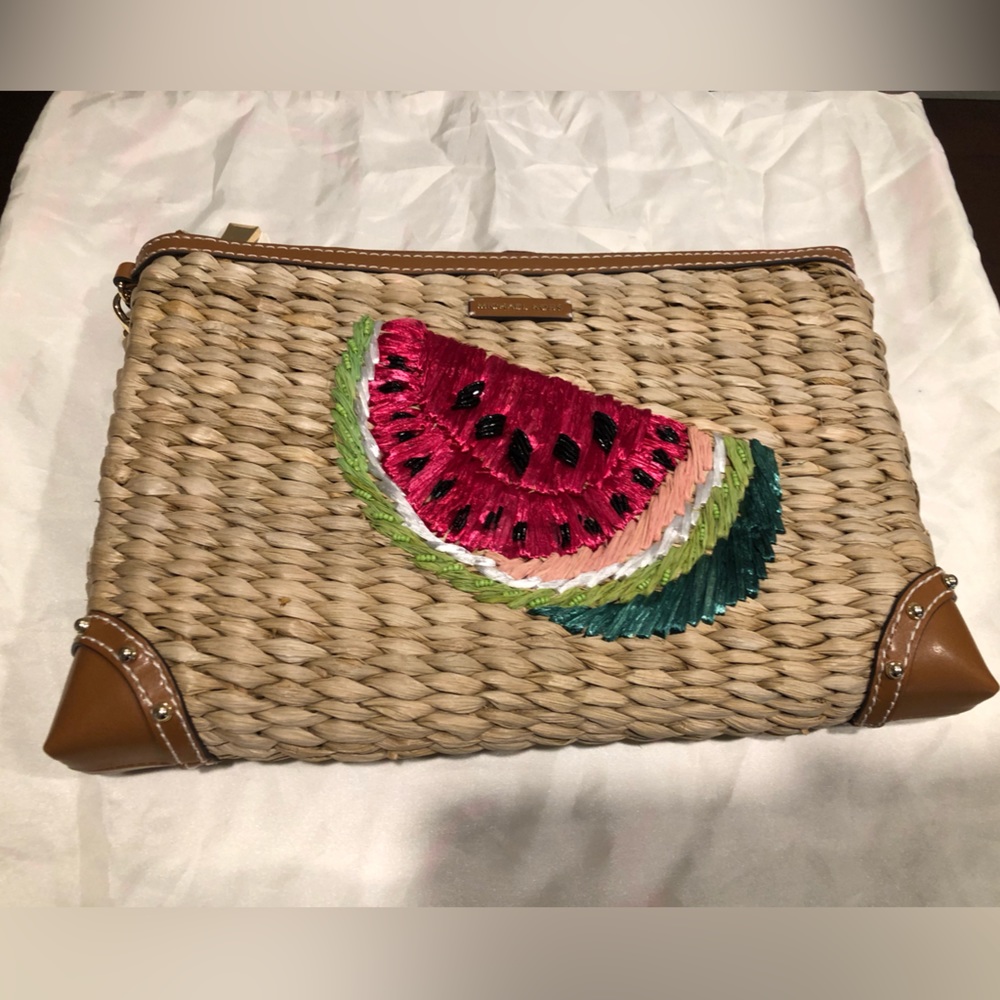 Michael Kors Watermelon Raffia wristlet clutch